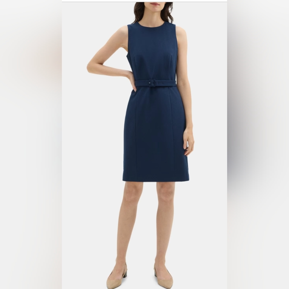 Theory cotton twill belted sheath dress navy